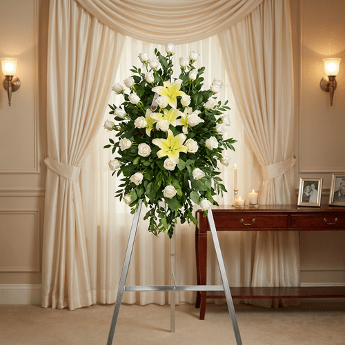 Pedestal fúnebre "Luz de Jacinta" con rosas blancas y lirios amarillos, en una elegante sala de velación con iluminación cáli