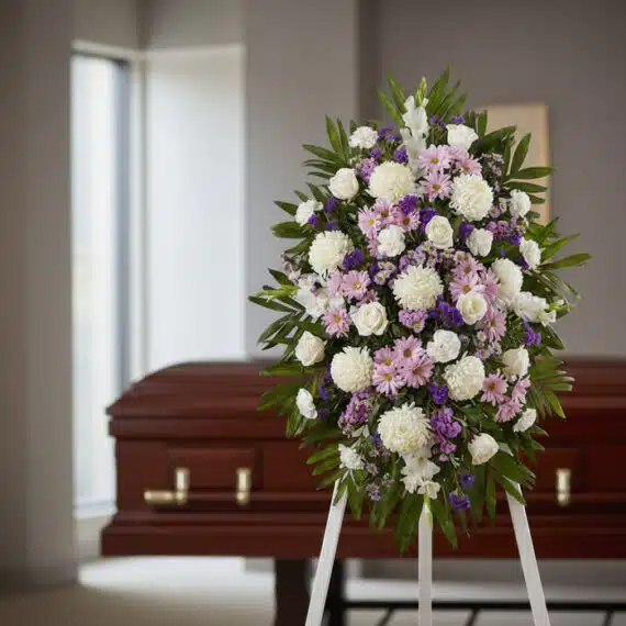 Pedestal fúnebre de homenaje para Patricio, con arreglo floral ovalado en tonos blancos, morados y verdes, en una sala de vel