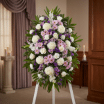 Impresionante pedestal fúnebre de homenaje con flores blancas, lilas y rosadas, ideal para honrar la memoria de Patricio en u