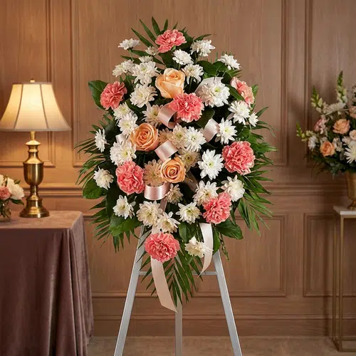 Pedestal fúnebre de homenaje para Timoteo, con arreglo floral de claveles coral, rosas durazno y crisantemos blancos, en sala