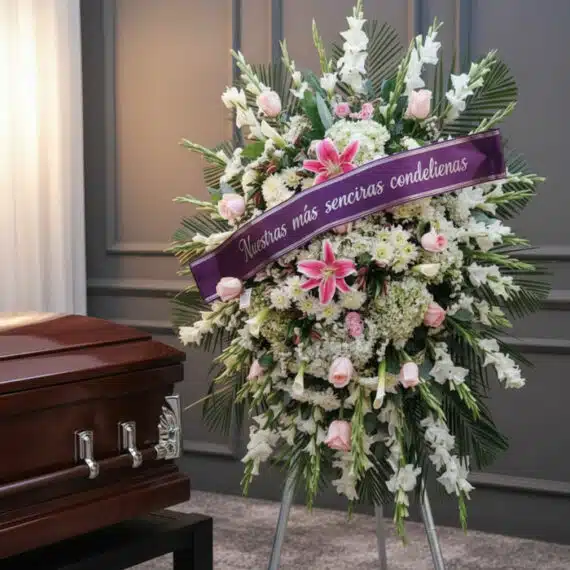 Pedestal fúnebre 'Pasión' con rosas, lirios y gladiolos blancos, cinta morada con mensaje de condolencia, junto a un ataúd en