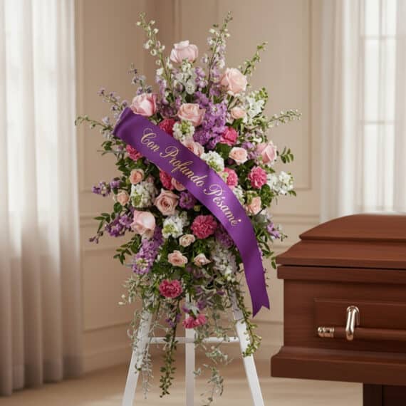 Pedestal funerario 'Luz de Elisa' con rosas y flores variadas en tonos pastel, cinta morada con 'Con Profundo Pésame', junto