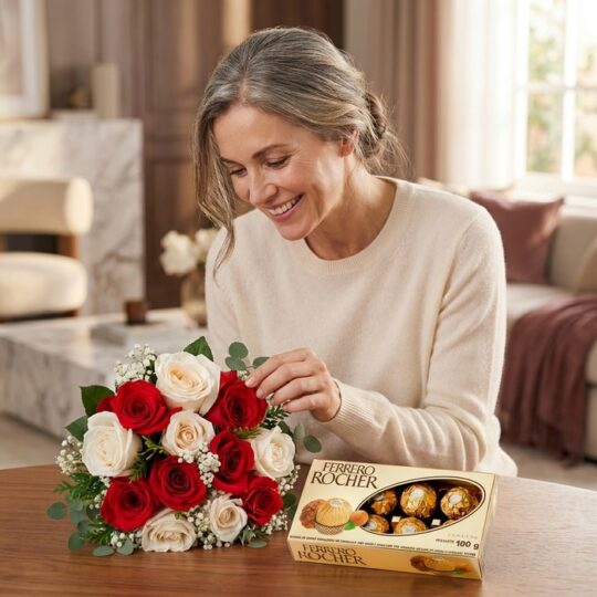 Mujer elegante admirando un ramillete de rosas rojas y blancas, junto a una caja de bombones Ferrero Rocher, en un ambiente d