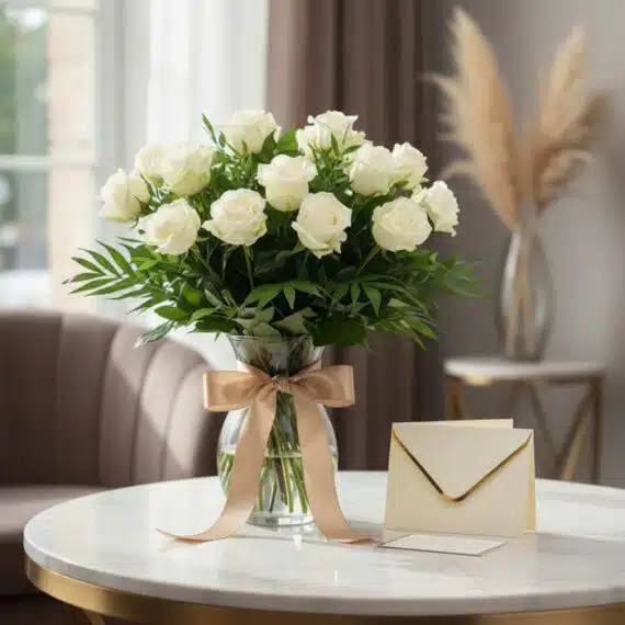 Ramo de 18 rosas blancas SERENA en jarrón de cristal con lazo dorado, tarjeta de regalo y sobre, sobre mesa de mármol en un e