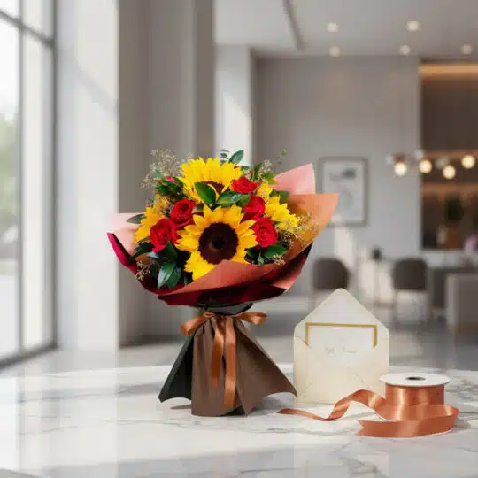 Ramo Aurora de rosas rojas y girasoles vibrantes, envuelto elegantemente, con tarjeta de regalo y cinta de satén sobre mármol