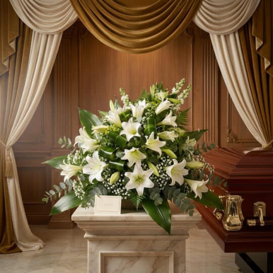 Impresionante ramo fúnebre Abdiel con lirios blancos y follaje verde, presentado en una sala de velación premium junto a un a