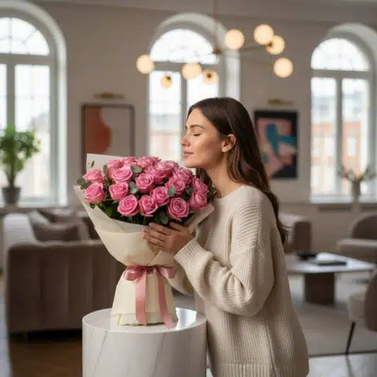Mujer joven y elegante con suéter beige admira y huele un ramo grande de 44 rosas rosadas Viviana, envuelto en papel crema co