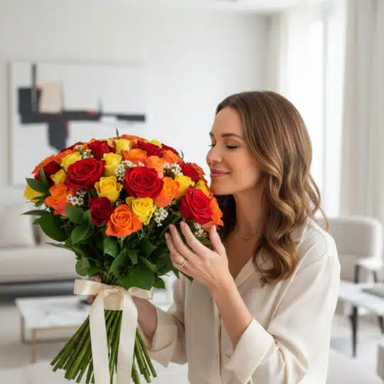 Mujer elegante y natural admirando el Ramo SYLVANA, compuesto por 60 rosas rojas, naranjas y amarillas, en un hogar de alto d