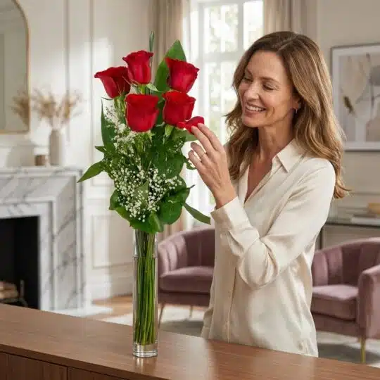 Mujer elegante admirando un Solitario con Rosas Marilyn en un jarrón de cristal, en un interior de hogar de alto diseño con l