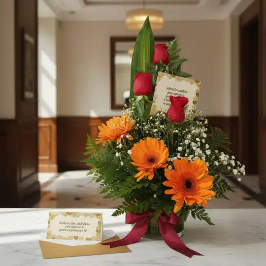 Arreglo floral Solitario Tu Recuerdo con rosas rojas, gerberas naranjas, follaje verde, gypsophila, tarjeta de regalo y cinta